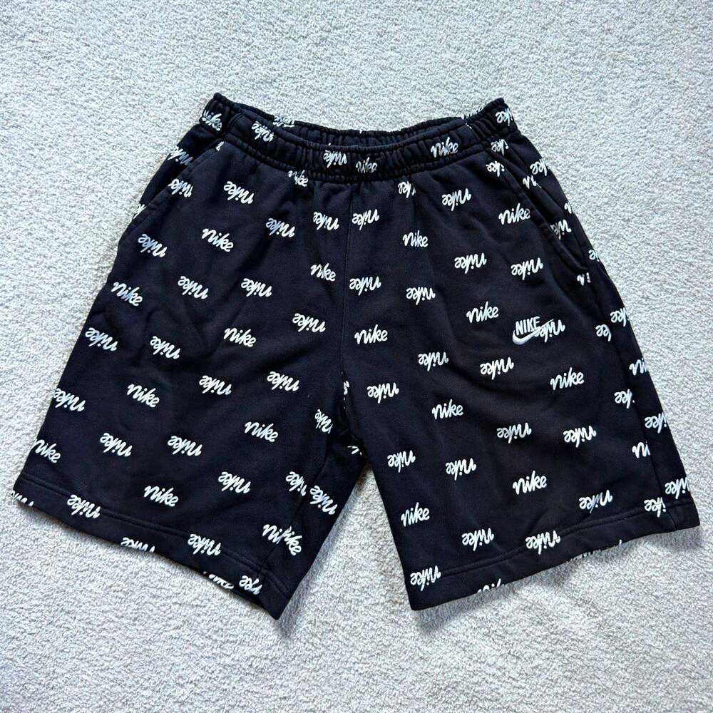 Nike Sportswear Club Fleece Script All Over Print Shorts Men’s M Black White